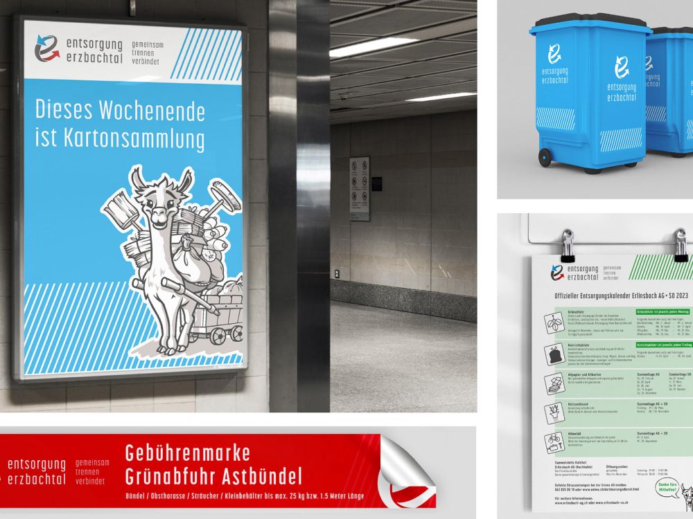 Entsorgungskanister, Plakate und Gebührenmarken der Entsorgung Erzbachtal im Corporate Design.