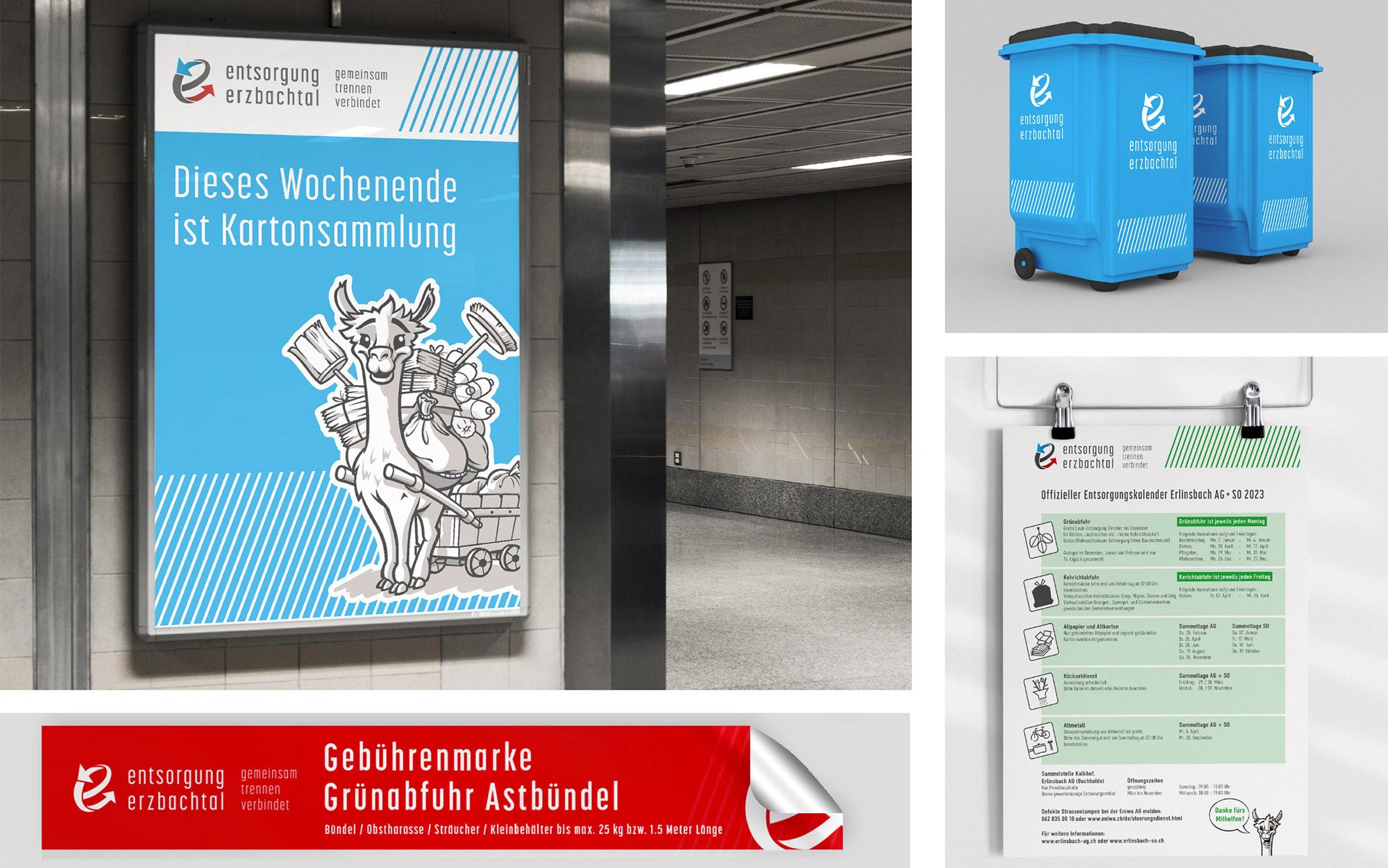 Entsorgungskanister, Plakate und Gebührenmarken der Entsorgung Erzbachtal im Corporate Design.